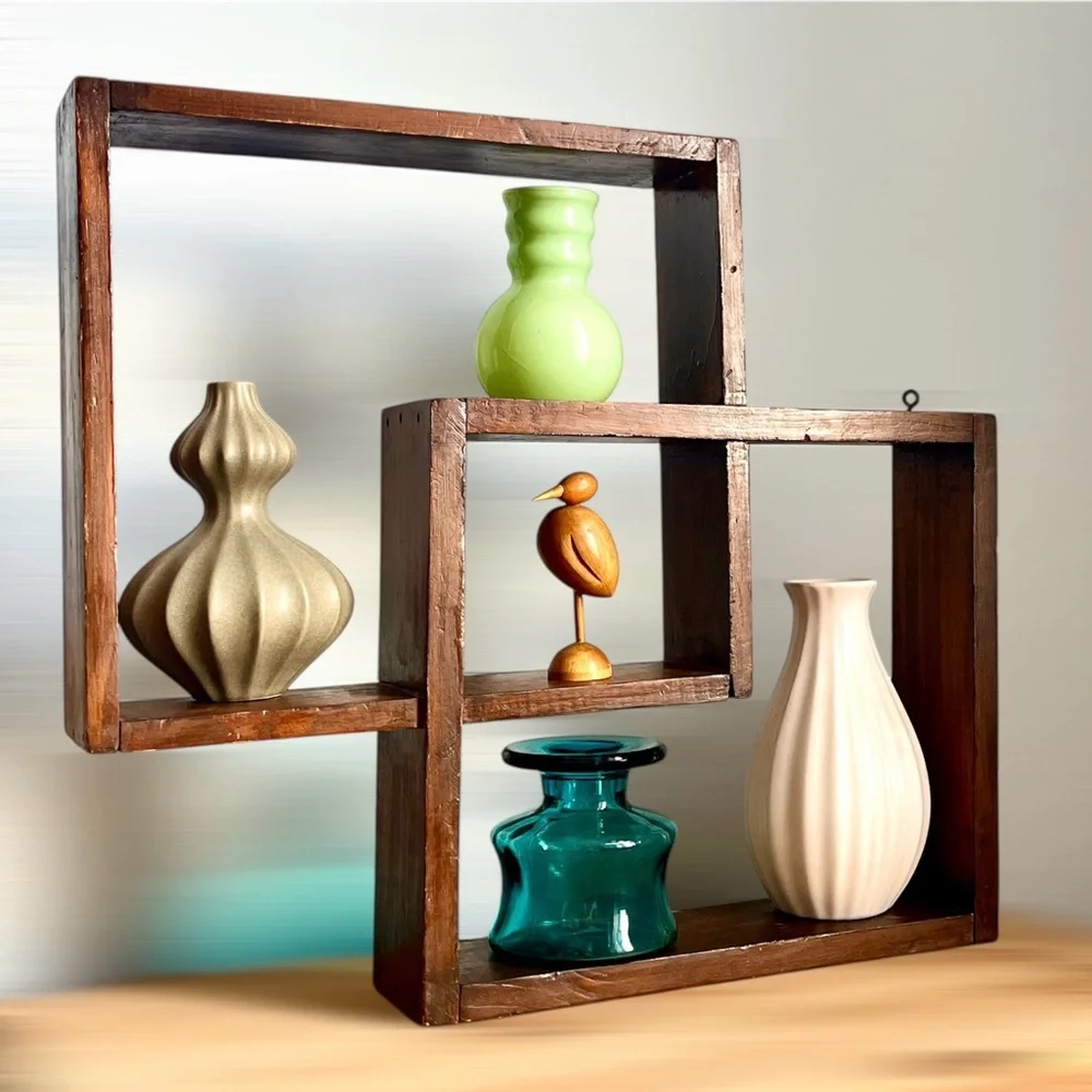 Vintage Display Shelf Mid Century Wood Floating Wall Shadow Box Curio Cabinet